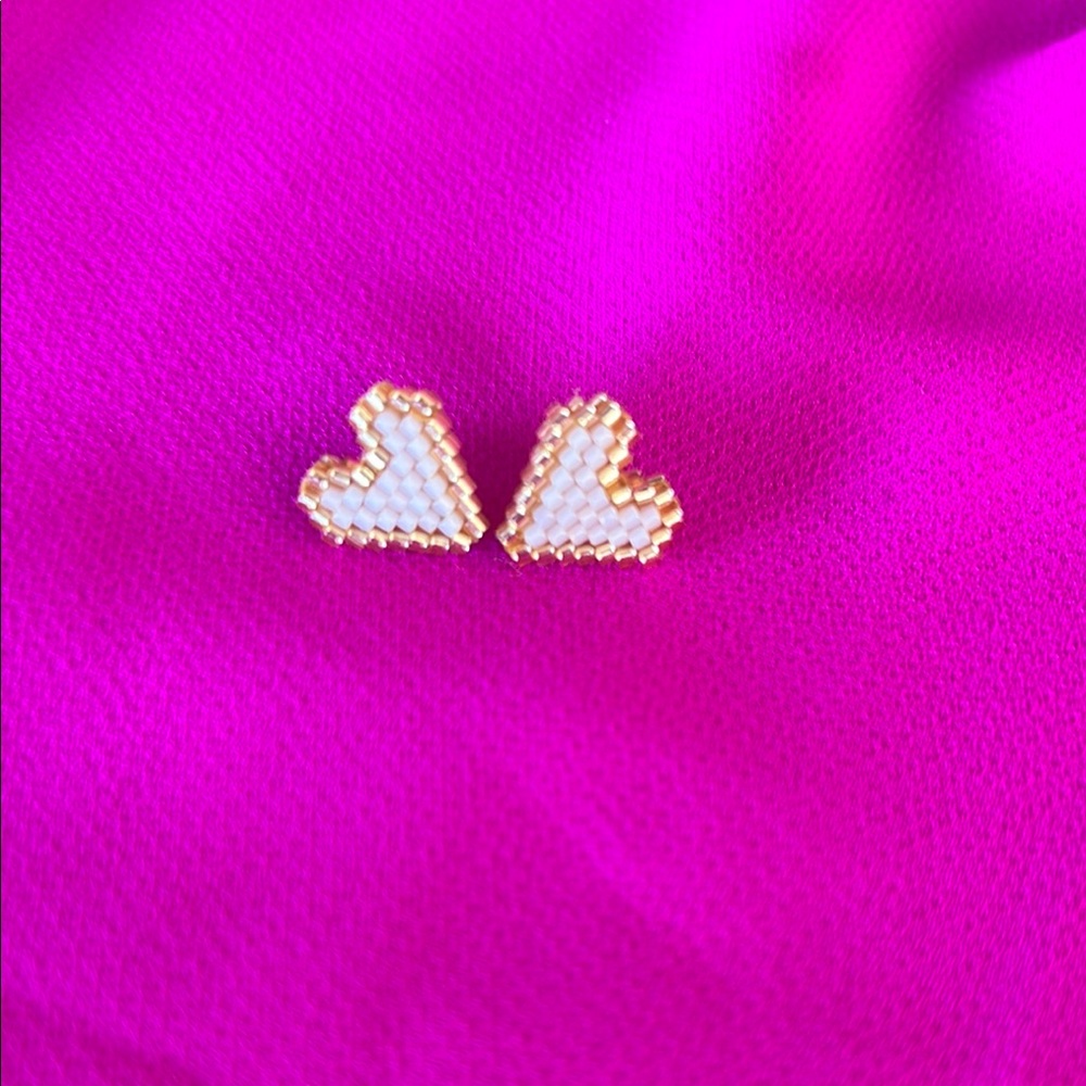 Noonday Gold and Light Pink Beaded Heart Stud Earrings